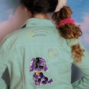 Embroidered Rainbow Star Mint Green Denim Jacket